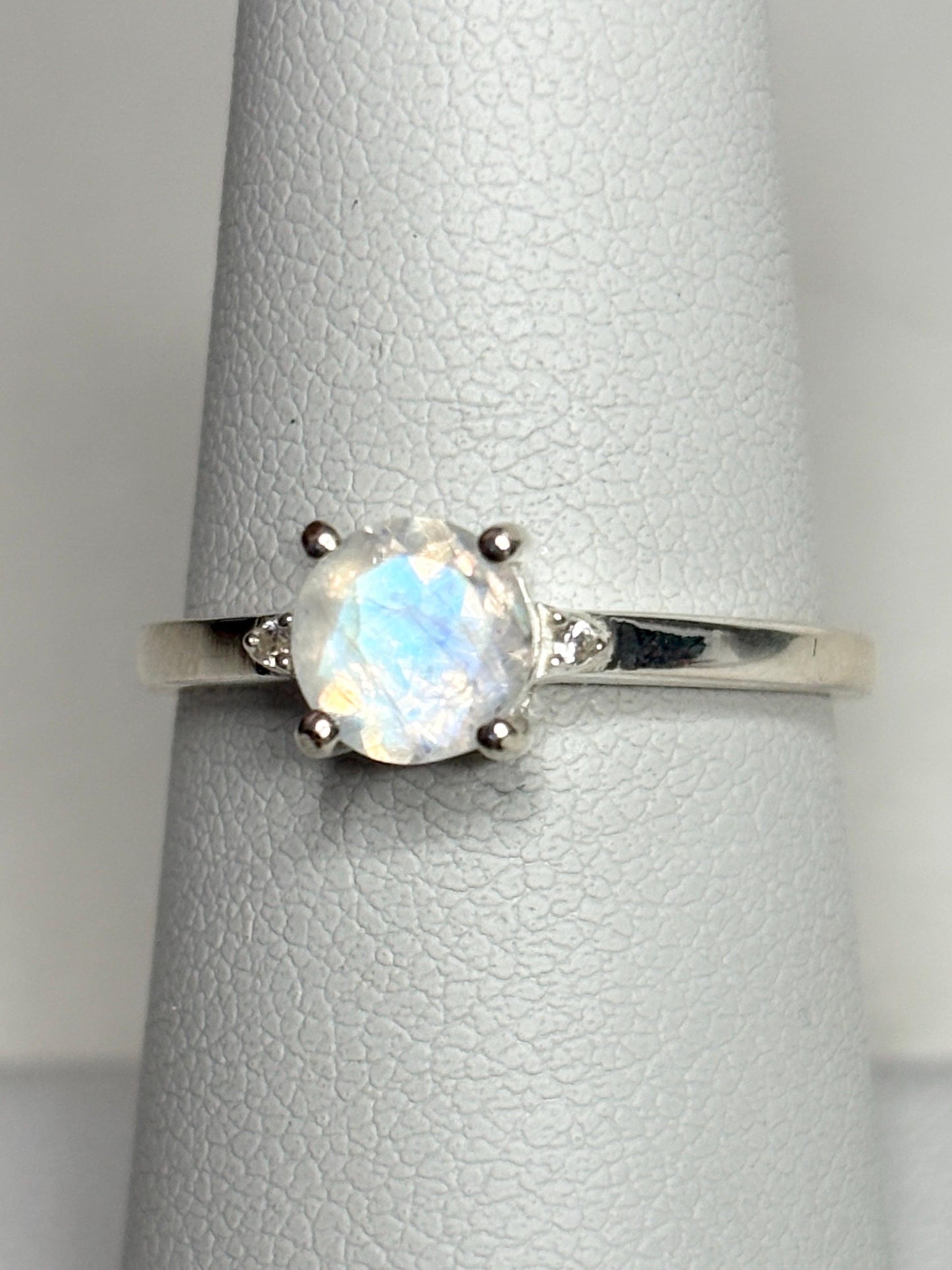 Rainbow Moonstone and Zircon Ring in Sterling Silver size 7 - NewLifeJewelryVault