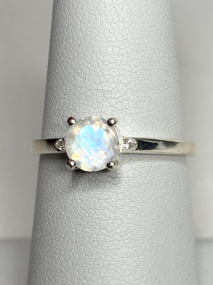 Rainbow Moonstone and Zircon Ring in Sterling Silver size 7 - NewLifeJewelryVault