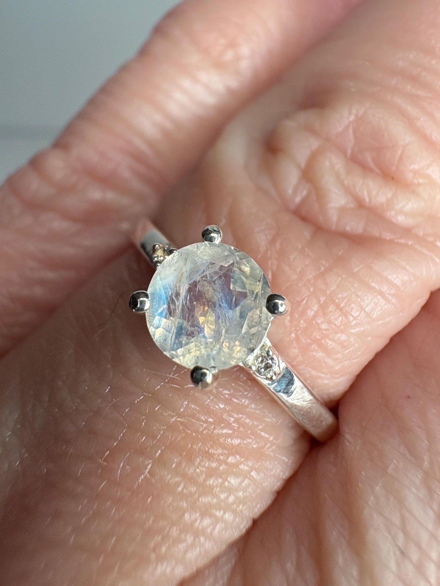 Rainbow Moonstone and Zircon Ring in Sterling Silver size 7 - NewLifeJewelryVault