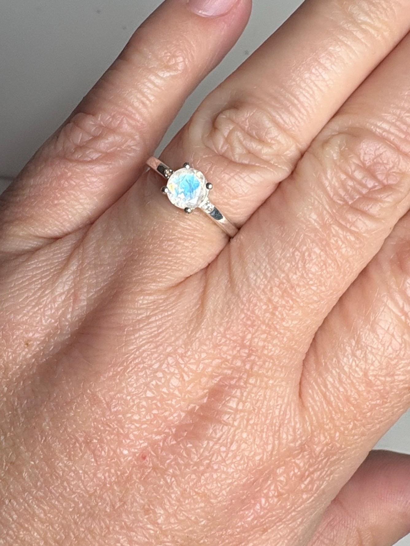 Rainbow Moonstone and Zircon Ring in Sterling Silver size 7 - NewLifeJewelryVault