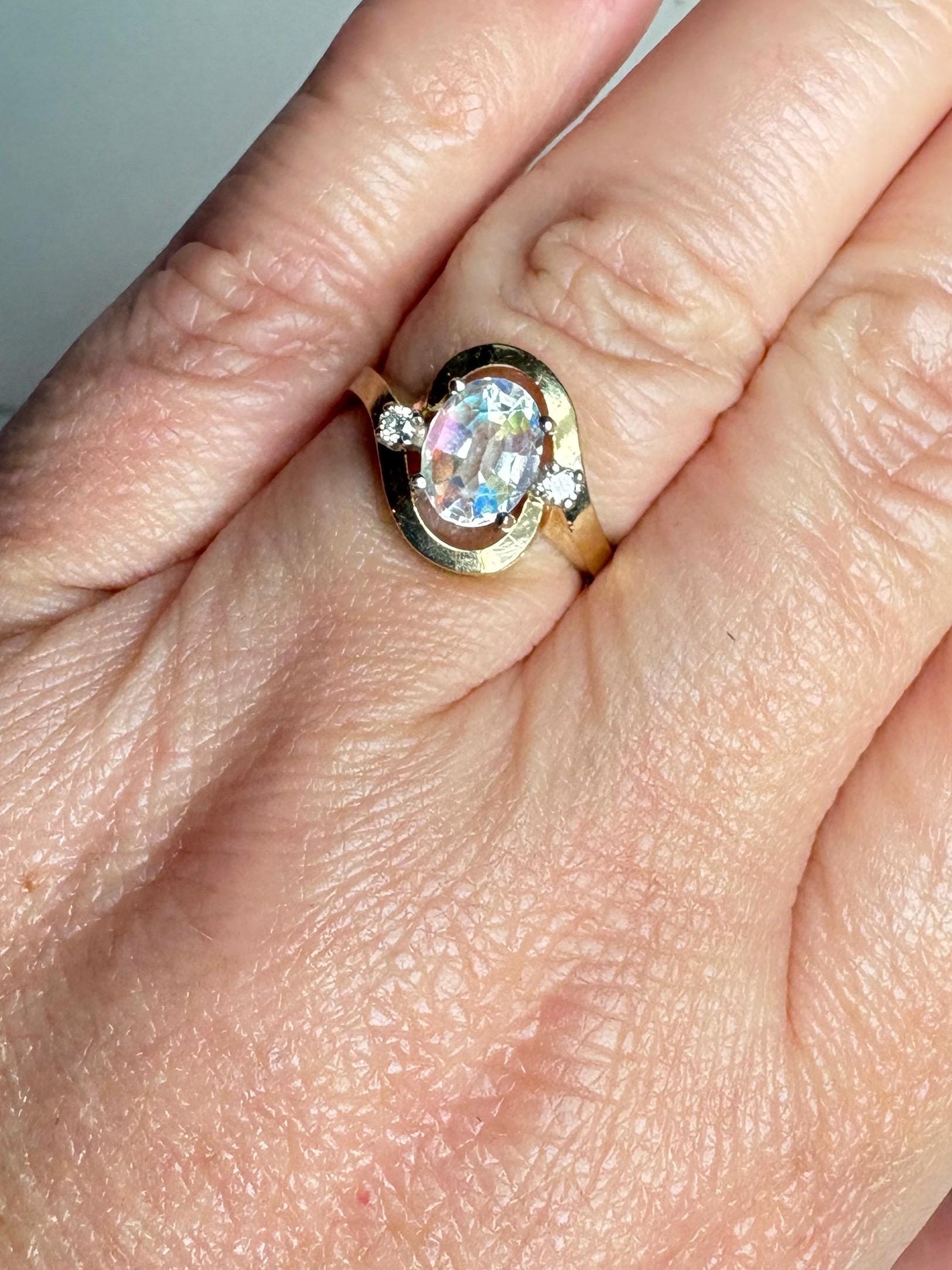Madagascar Rainbow Moonstone and Diamond Ring Solid 14k Gold size 6.25 - NewLifeJewelryVault