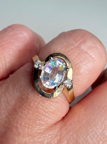 Madagascar Rainbow Moonstone and Diamond Ring Solid 14k Gold size 6.25 - NewLifeJewelryVault