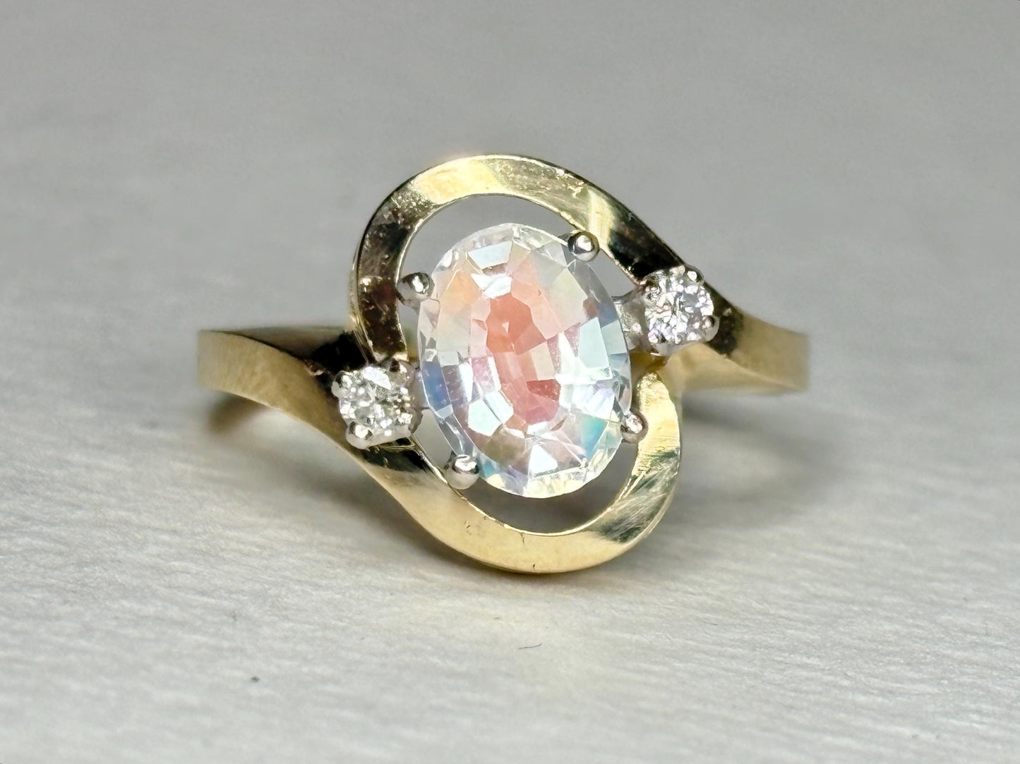 Madagascar Rainbow Moonstone and Diamond Ring Solid 14k Gold size 6.25 - NewLifeJewelryVault