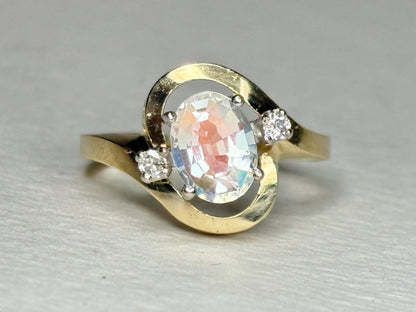 Madagascar Rainbow Moonstone and Diamond Ring Solid 14k Gold size 6.25 - NewLifeJewelryVault