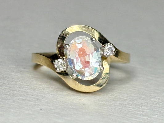 Madagascar Rainbow Moonstone and Diamond Ring Solid 14k Gold size 6.25 - NewLifeJewelryVault
