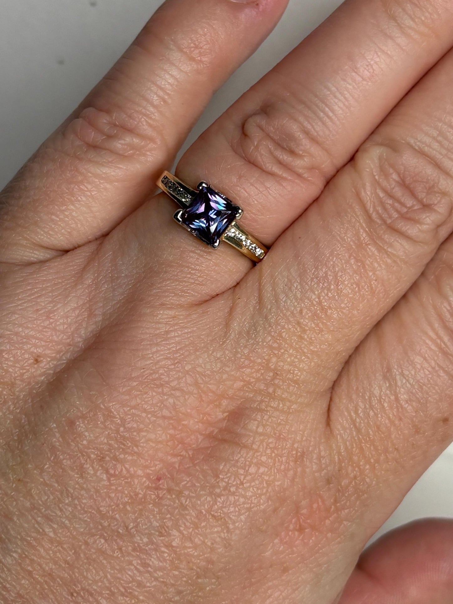 Lab Grown Alexandrite and Channel Set Diamond Band Ring Solid Two Toned 10k Gold size 6 - NewLifeJewelryVault