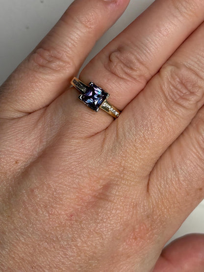 Lab Grown Alexandrite and Channel Set Diamond Band Ring Solid Two Toned 10k Gold size 6 - NewLifeJewelryVault
