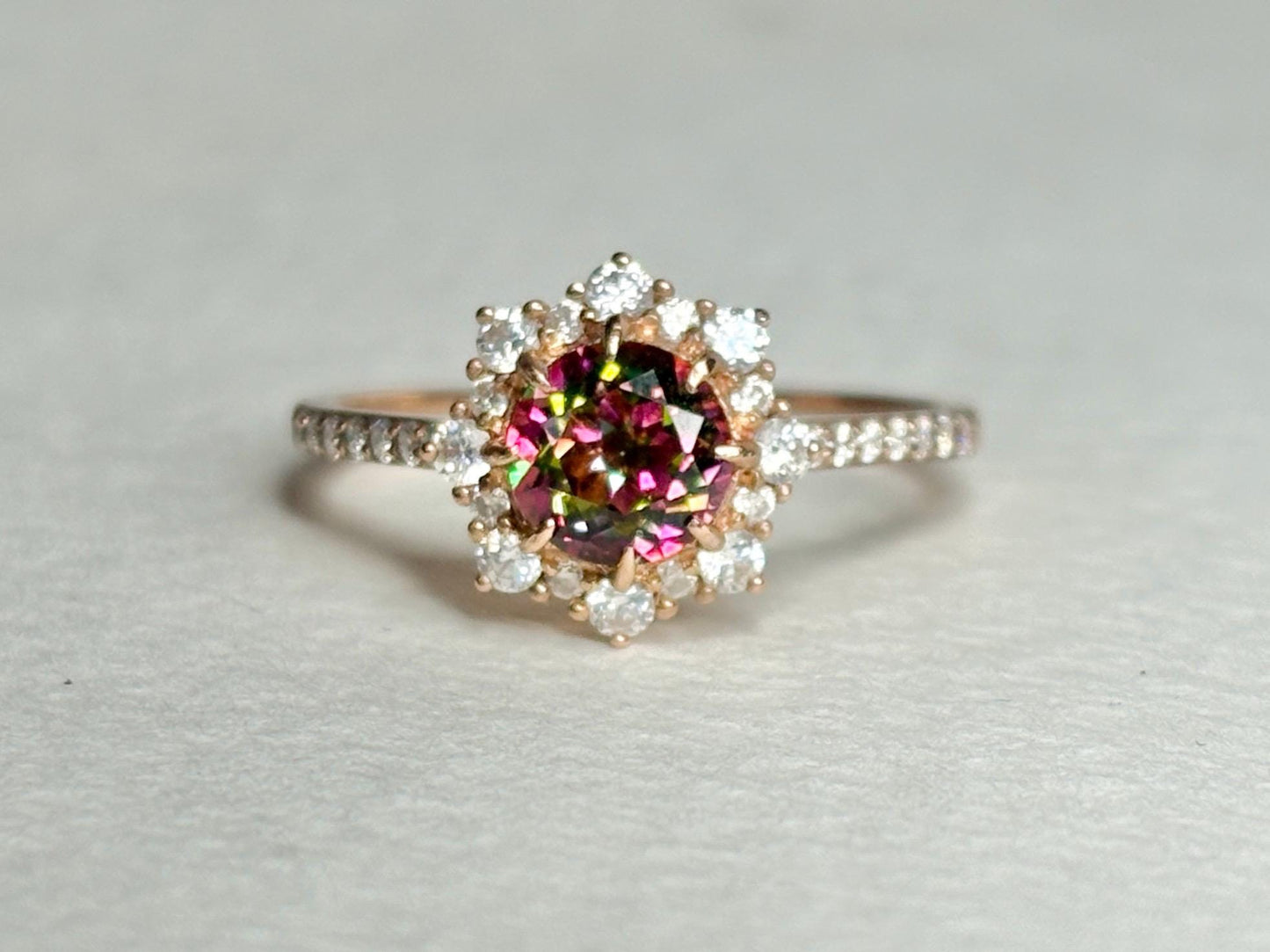 Lab Grown Russian Alexandrite Chrysoberyl and Crystal Ring Halo Solid 18k Rose Gold size 7 - NewLifeJewelryVault