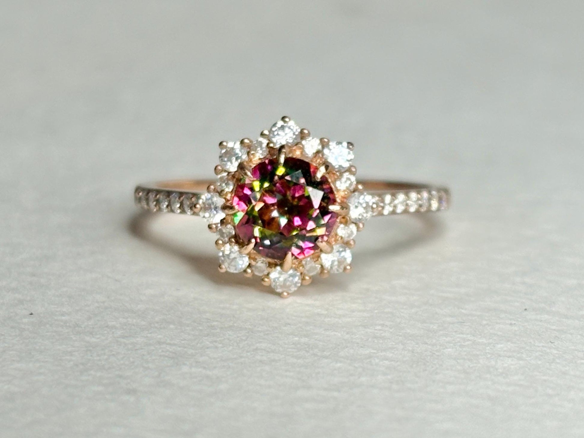 Lab Grown Russian Alexandrite Chrysoberyl and Crystal Ring Halo Solid 18k Rose Gold size 7 - NewLifeJewelryVault