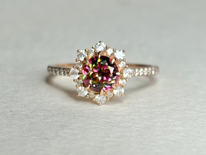 Lab Grown Russian Alexandrite Chrysoberyl and Crystal Ring Halo Solid 18k Rose Gold size 7 - NewLifeJewelryVault