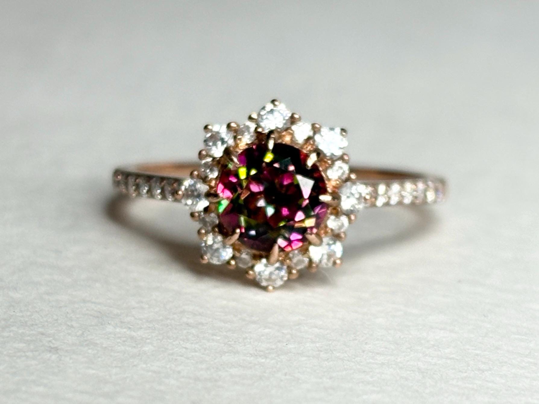Lab Grown Russian Alexandrite Chrysoberyl and Crystal Ring Halo Solid 18k Rose Gold size 7 - NewLifeJewelryVault