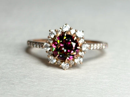 Lab Grown Russian Alexandrite Chrysoberyl and Crystal Ring Halo Solid 18k Rose Gold size 7 - NewLifeJewelryVault