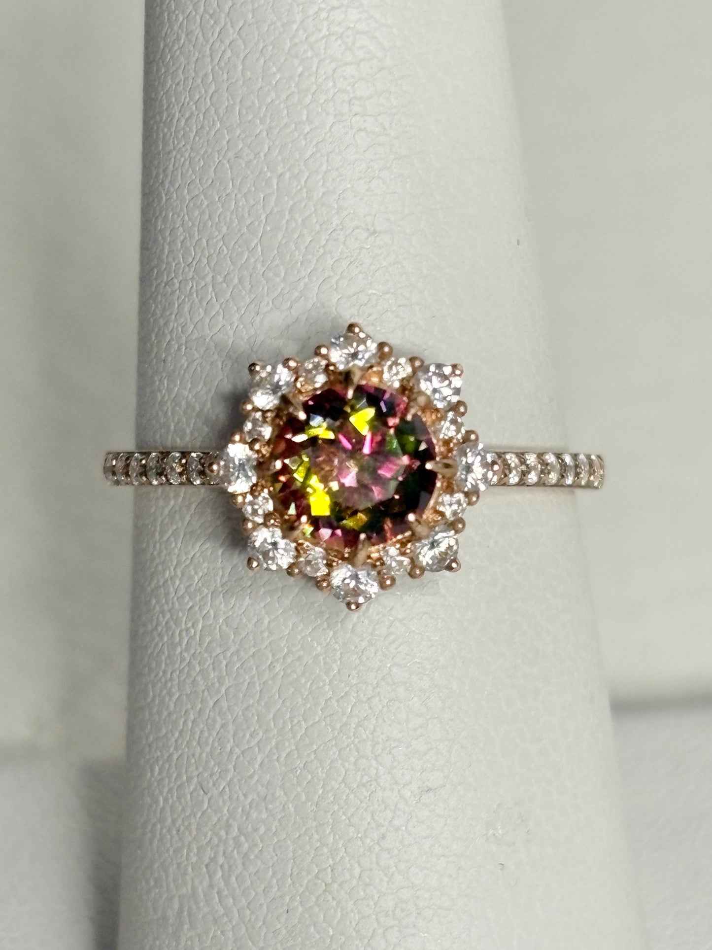 Lab Grown Russian Alexandrite Chrysoberyl and Crystal Ring Halo Solid 18k Rose Gold size 7 - NewLifeJewelryVault