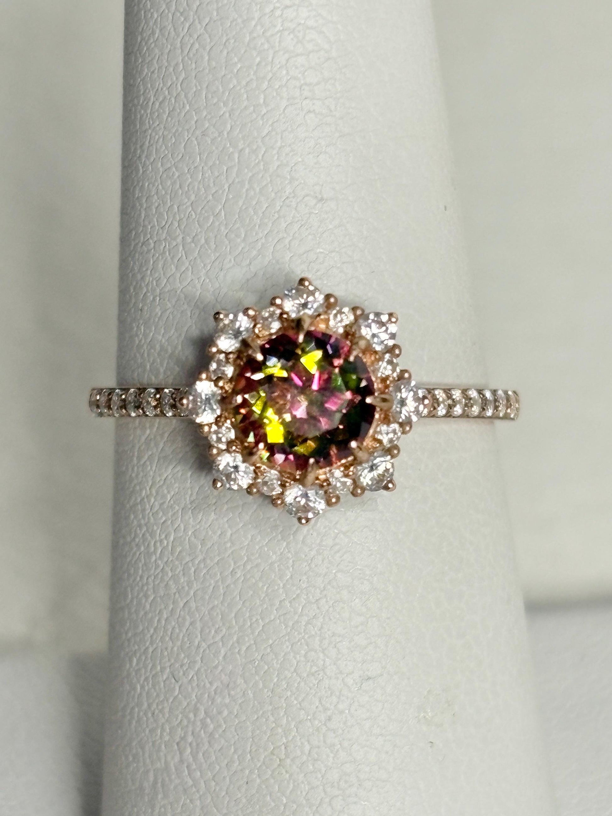 Lab Grown Russian Alexandrite Chrysoberyl and Crystal Ring Halo Solid 18k Rose Gold size 7 - NewLifeJewelryVault