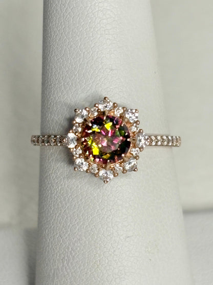 Lab Grown Russian Alexandrite Chrysoberyl and Crystal Ring Halo Solid 18k Rose Gold size 7 - NewLifeJewelryVault