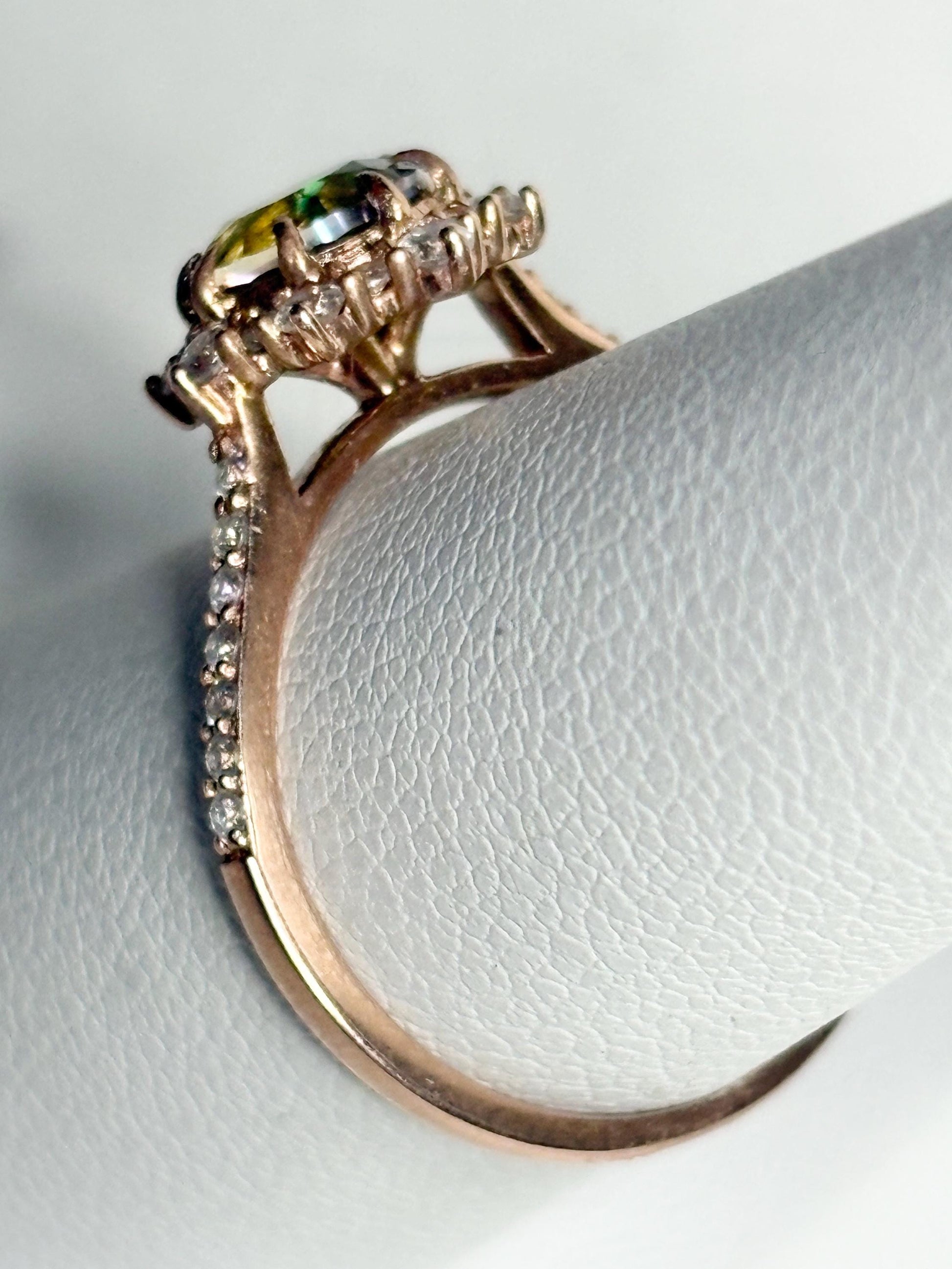 Lab Grown Russian Alexandrite Chrysoberyl and Crystal Ring Halo Solid 18k Rose Gold size 7 - NewLifeJewelryVault