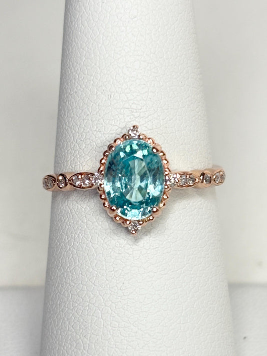 Blue Zircon and Diamond Halo Milgrain Ring in 14k Rose Gold size 6.75 - NewLifeJewelryVault