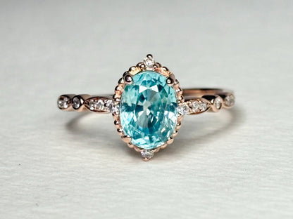 Blue Zircon and Diamond Halo Milgrain Ring in 14k Rose Gold size 6.75 - NewLifeJewelryVault