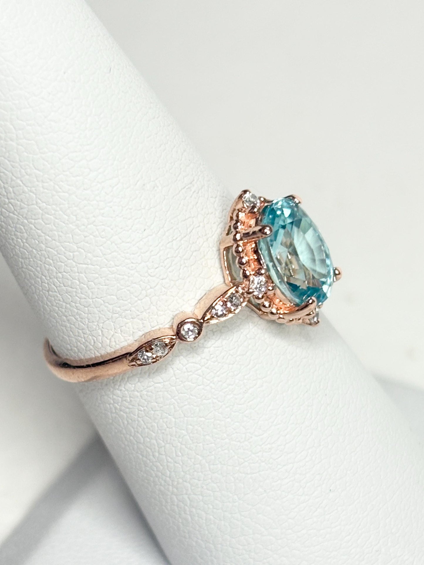 Blue Zircon and Diamond Halo Milgrain Ring in 14k Rose Gold size 6.75 - NewLifeJewelryVault