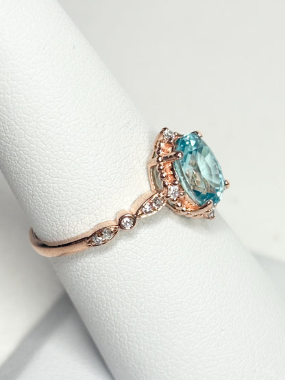Blue Zircon and Diamond Halo Milgrain Ring in 14k Rose Gold size 6.75 - NewLifeJewelryVault