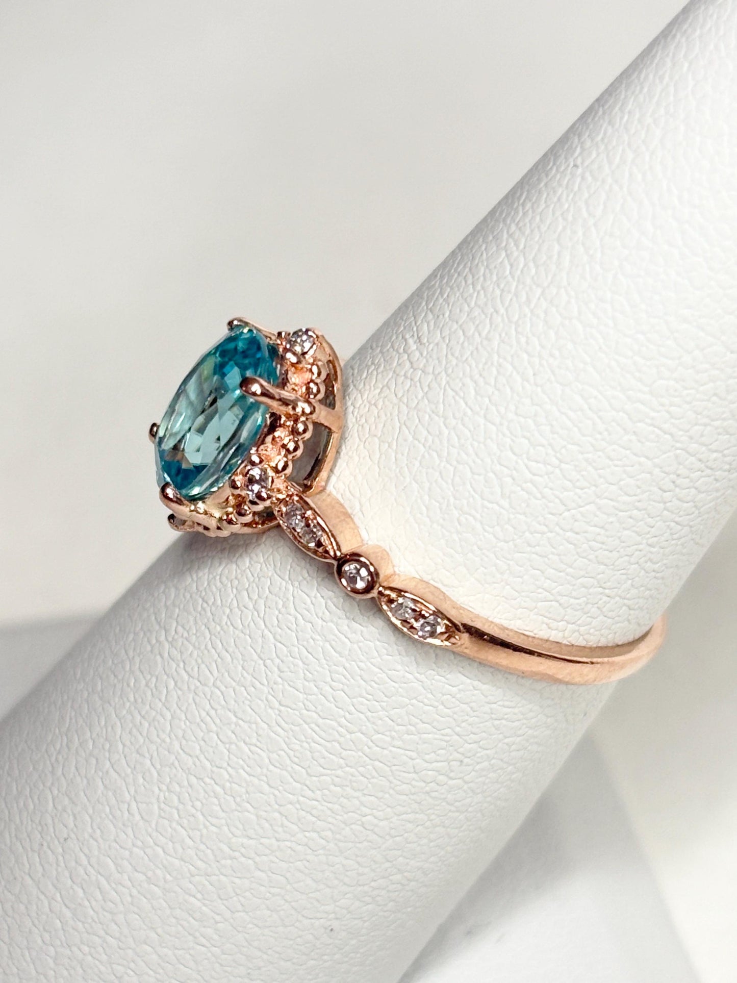 Blue Zircon and Diamond Halo Milgrain Ring in 14k Rose Gold size 6.75 - NewLifeJewelryVault