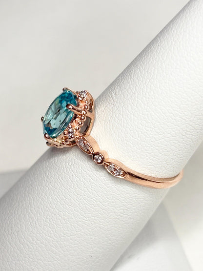Blue Zircon and Diamond Halo Milgrain Ring in 14k Rose Gold size 6.75 - NewLifeJewelryVault
