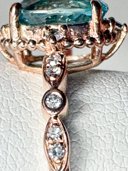 Blue Zircon and Diamond Halo Milgrain Ring in 14k Rose Gold size 6.75 - NewLifeJewelryVault