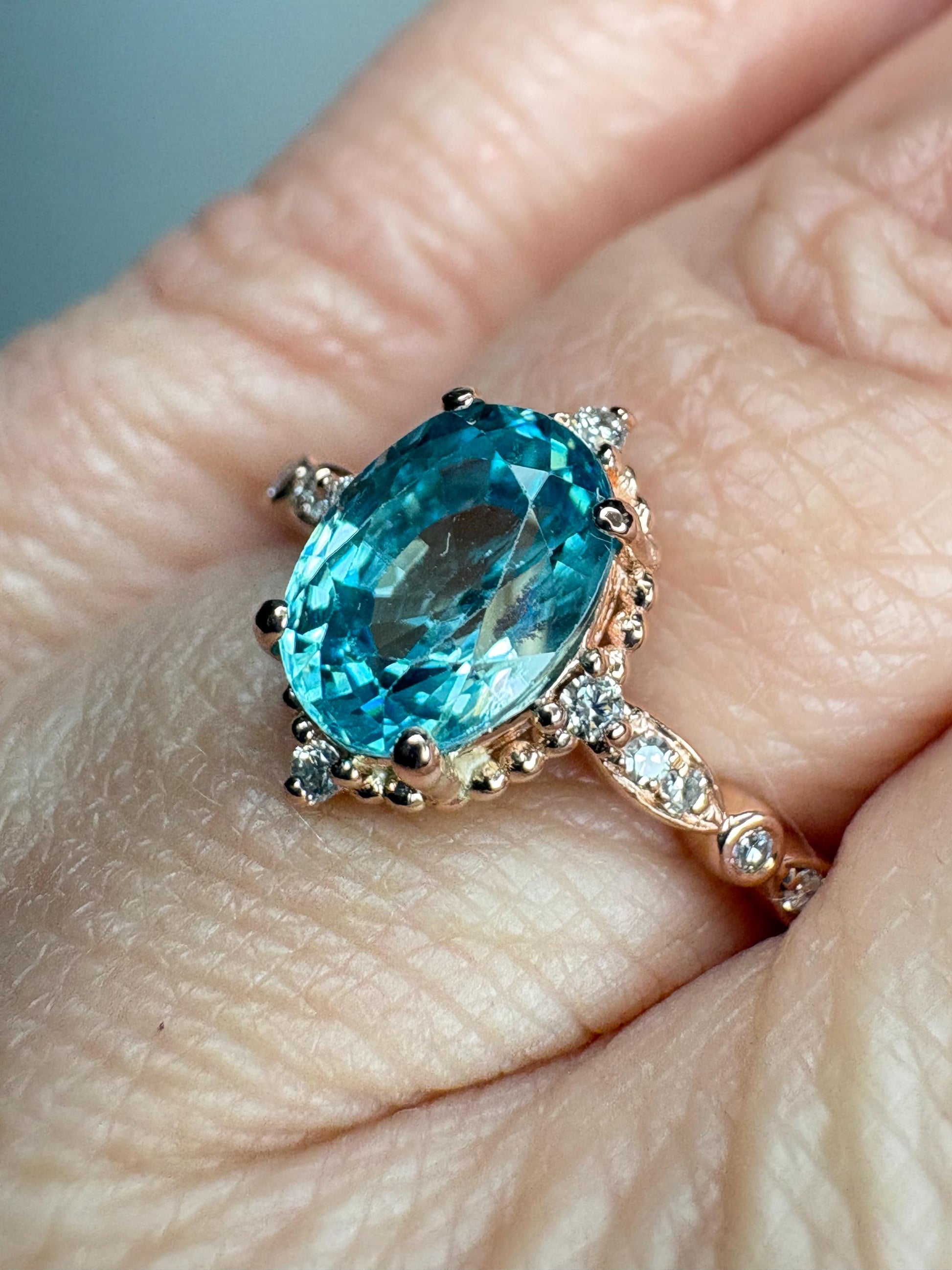 Blue Zircon and Diamond Halo Milgrain Ring in 14k Rose Gold size 6.75 - NewLifeJewelryVault