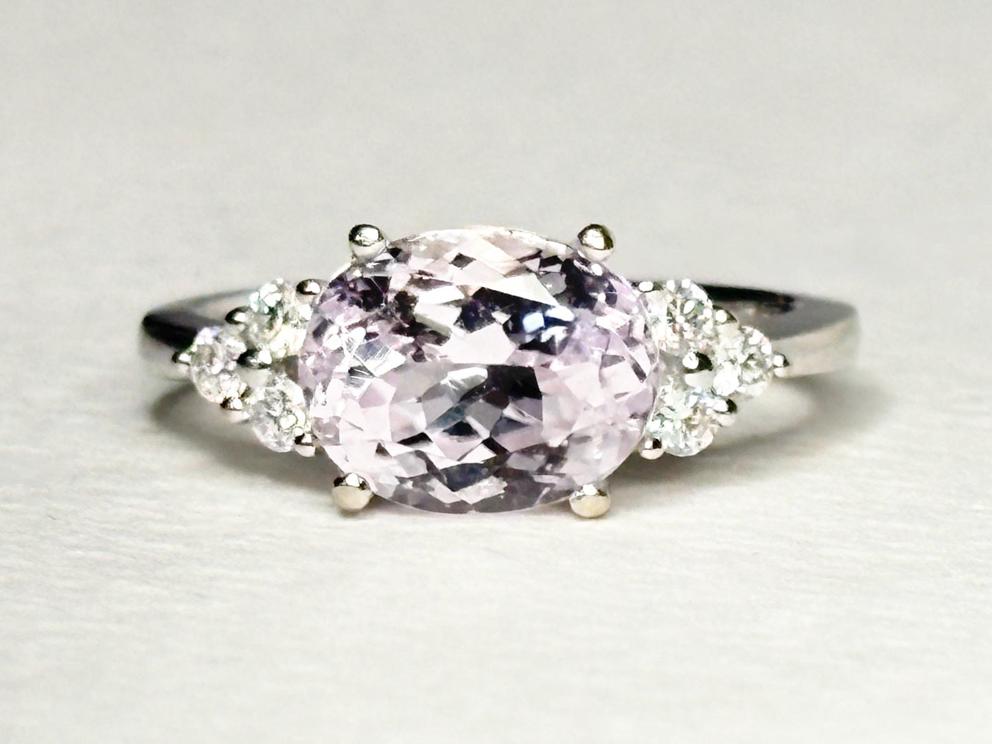Kunzite and Diamond East West Set Ring Solid 14k White Gold size 6.75 - NewLifeJewelryVault