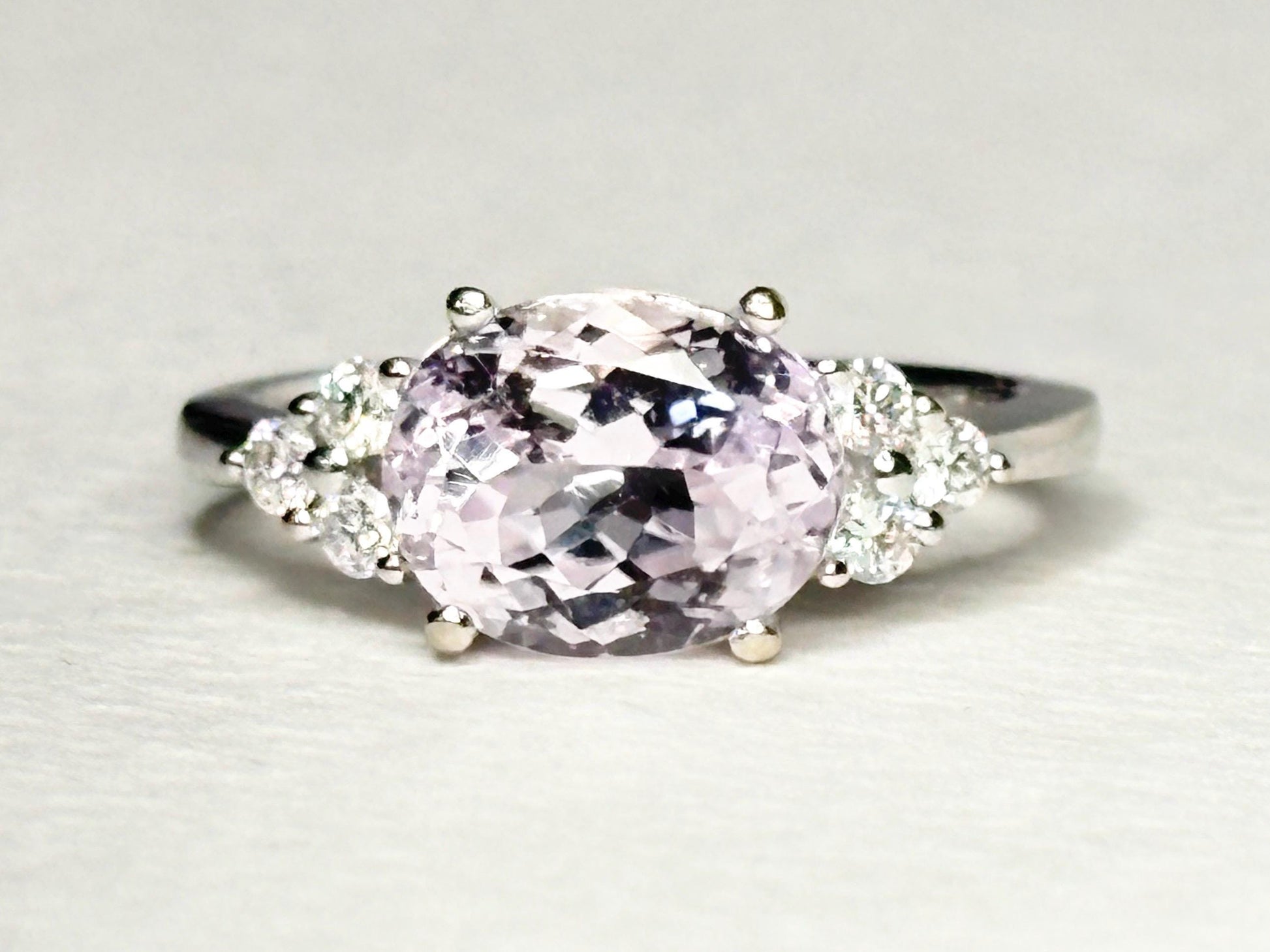 Kunzite and Diamond East West Set Ring Solid 14k White Gold size 6.75 - NewLifeJewelryVault