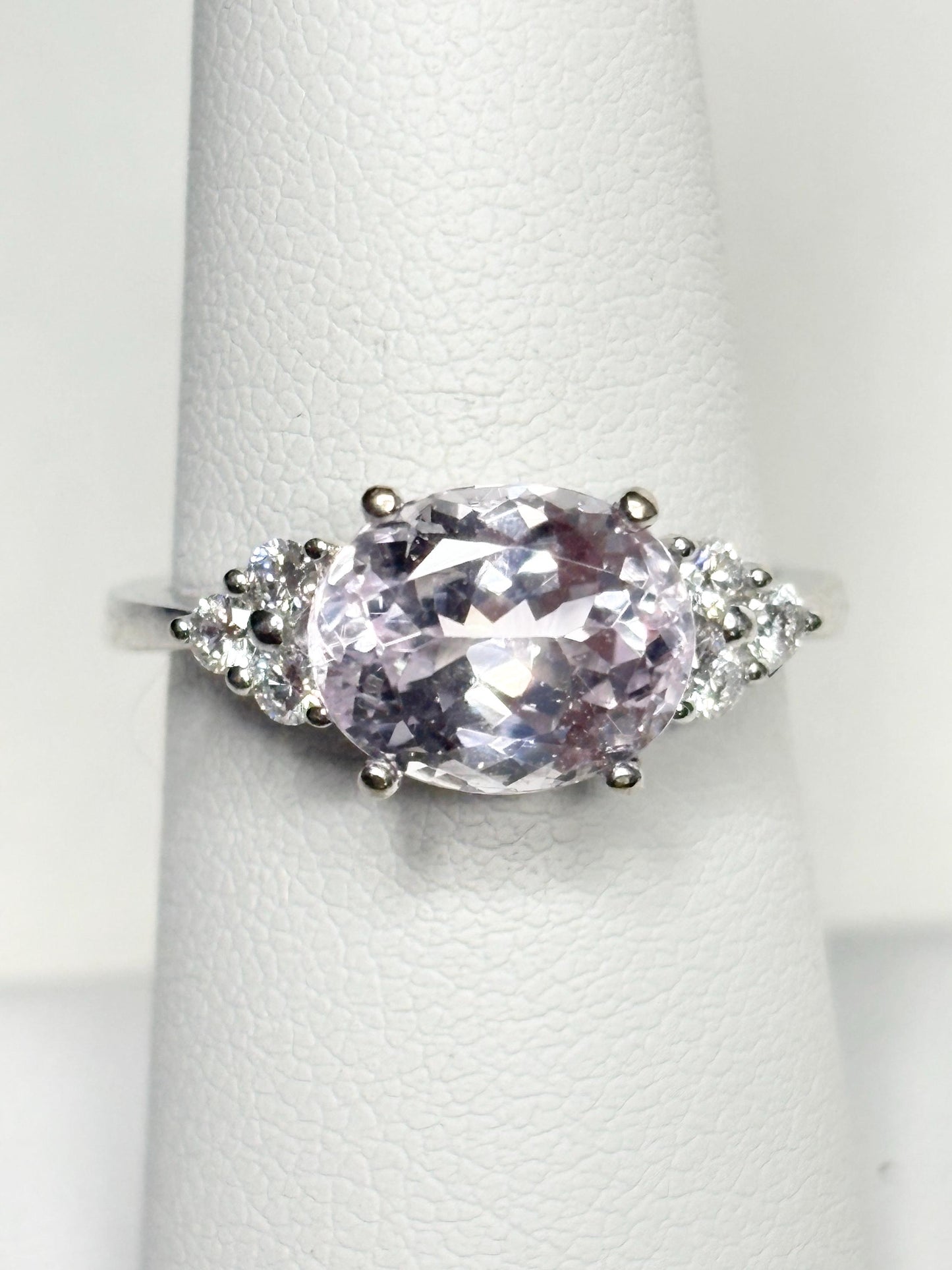 Kunzite and Diamond East West Set Ring Solid 14k White Gold size 6.75 - NewLifeJewelryVault