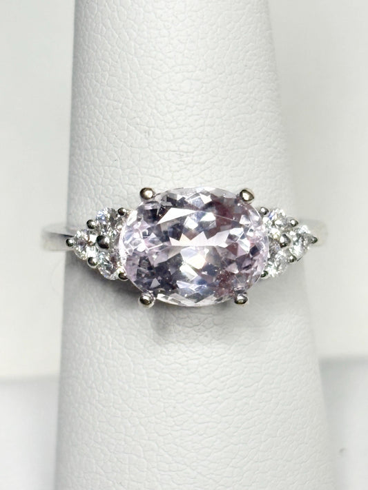 Kunzite and Diamond East West Set Ring Solid 14k White Gold size 6.75 - NewLifeJewelryVault