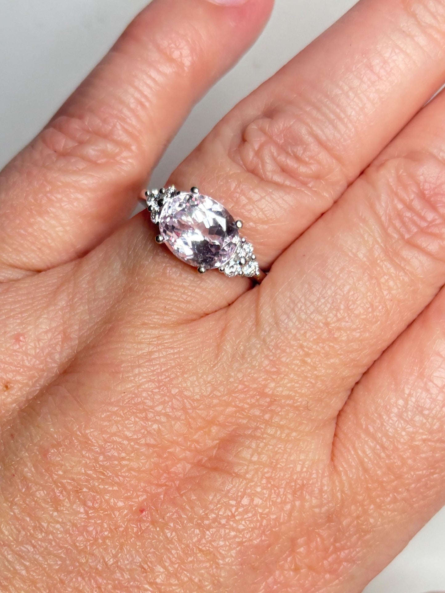 Kunzite and Diamond East West Set Ring Solid 14k White Gold size 6.75 - NewLifeJewelryVault