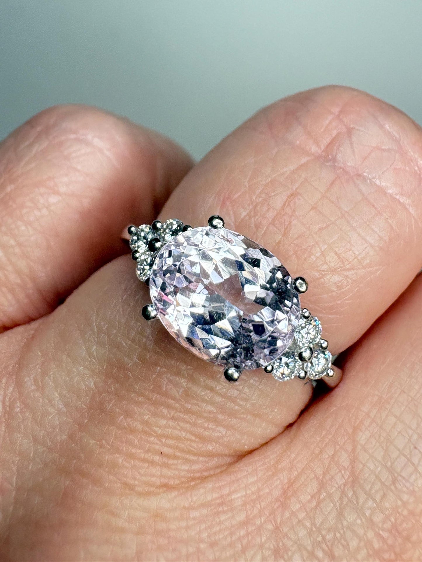 Kunzite and Diamond East West Set Ring Solid 14k White Gold size 6.75 - NewLifeJewelryVault