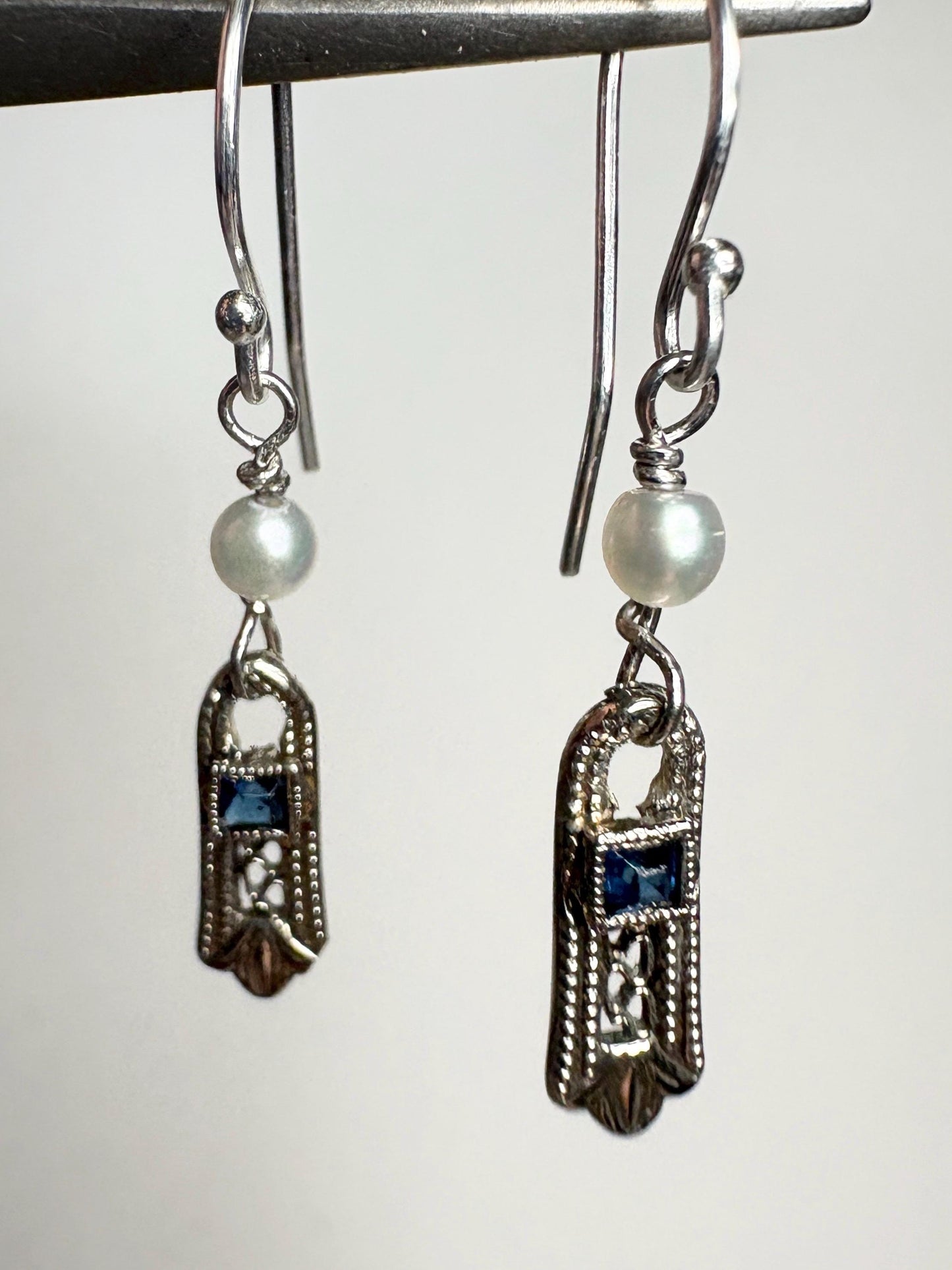 Antique Dangle Drop Earrings Blue Stone and Akoya Pearls in Solid 10k Gold with Sterling Silver - NewLifeJewelryVault
