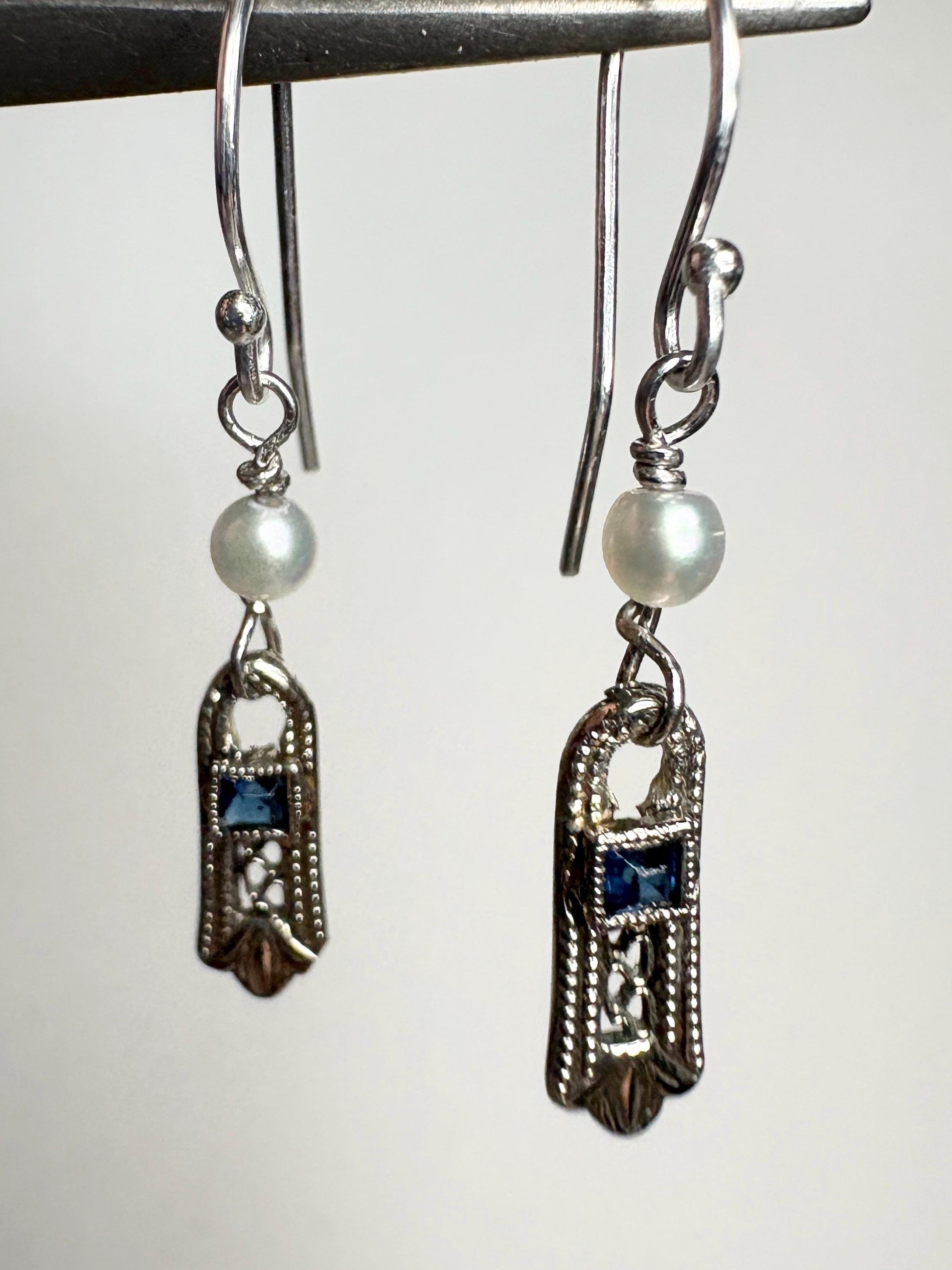 Antique Dangle Drop Earrings Blue Stone and Akoya Pearls in Solid 10k Gold with Sterling Silver - NewLifeJewelryVault