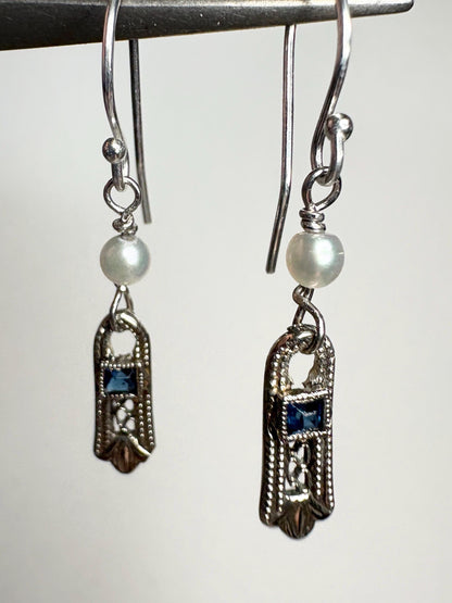Antique Dangle Drop Earrings Blue Stone and Akoya Pearls in Solid 10k Gold with Sterling Silver - NewLifeJewelryVault