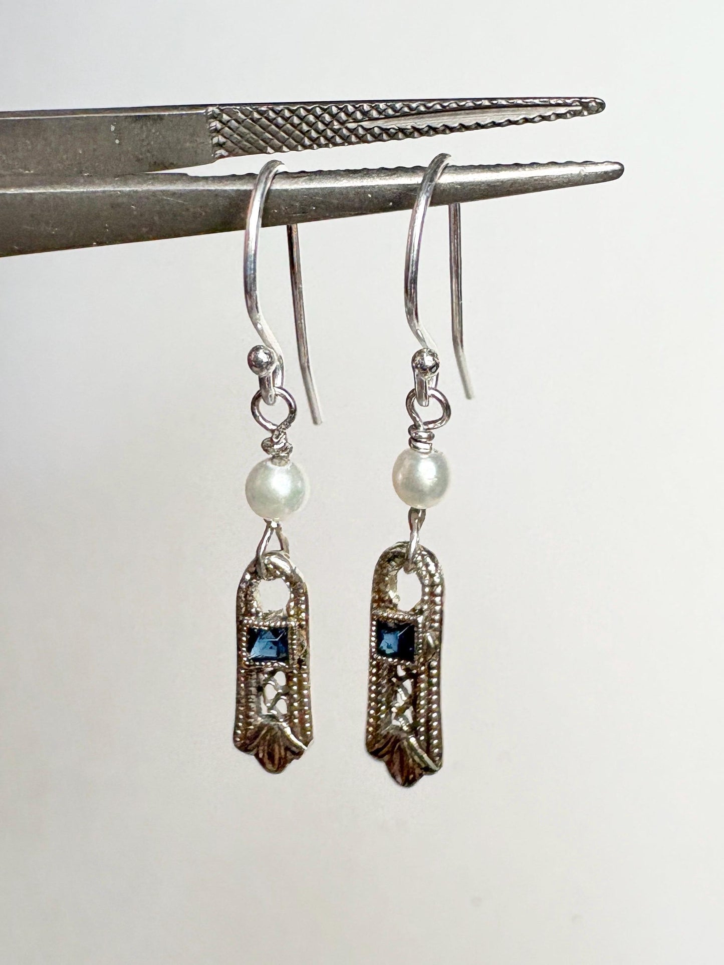 Antique Dangle Drop Earrings Blue Stone and Akoya Pearls in Solid 10k Gold with Sterling Silver - NewLifeJewelryVault
