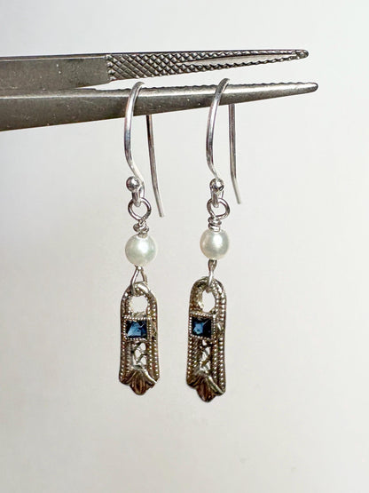 Antique Dangle Drop Earrings Blue Stone and Akoya Pearls in Solid 10k Gold with Sterling Silver - NewLifeJewelryVault