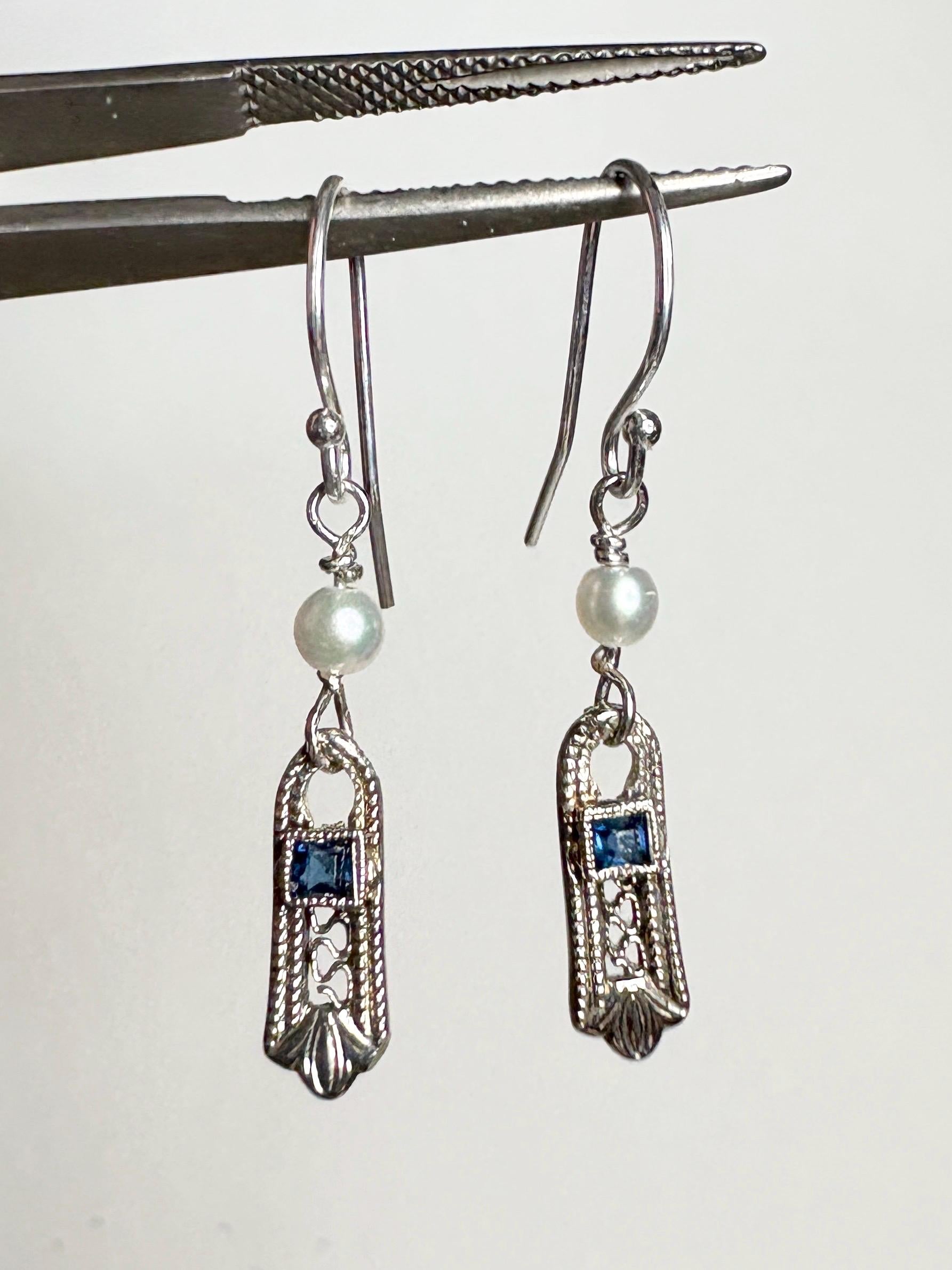Antique Dangle Drop Earrings Blue Stone and Akoya Pearls in Solid 10k Gold with Sterling Silver - NewLifeJewelryVault
