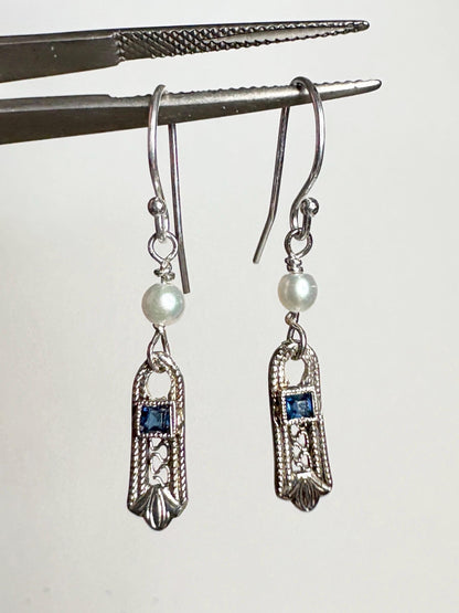 Antique Dangle Drop Earrings Blue Stone and Akoya Pearls in Solid 10k Gold with Sterling Silver - NewLifeJewelryVault