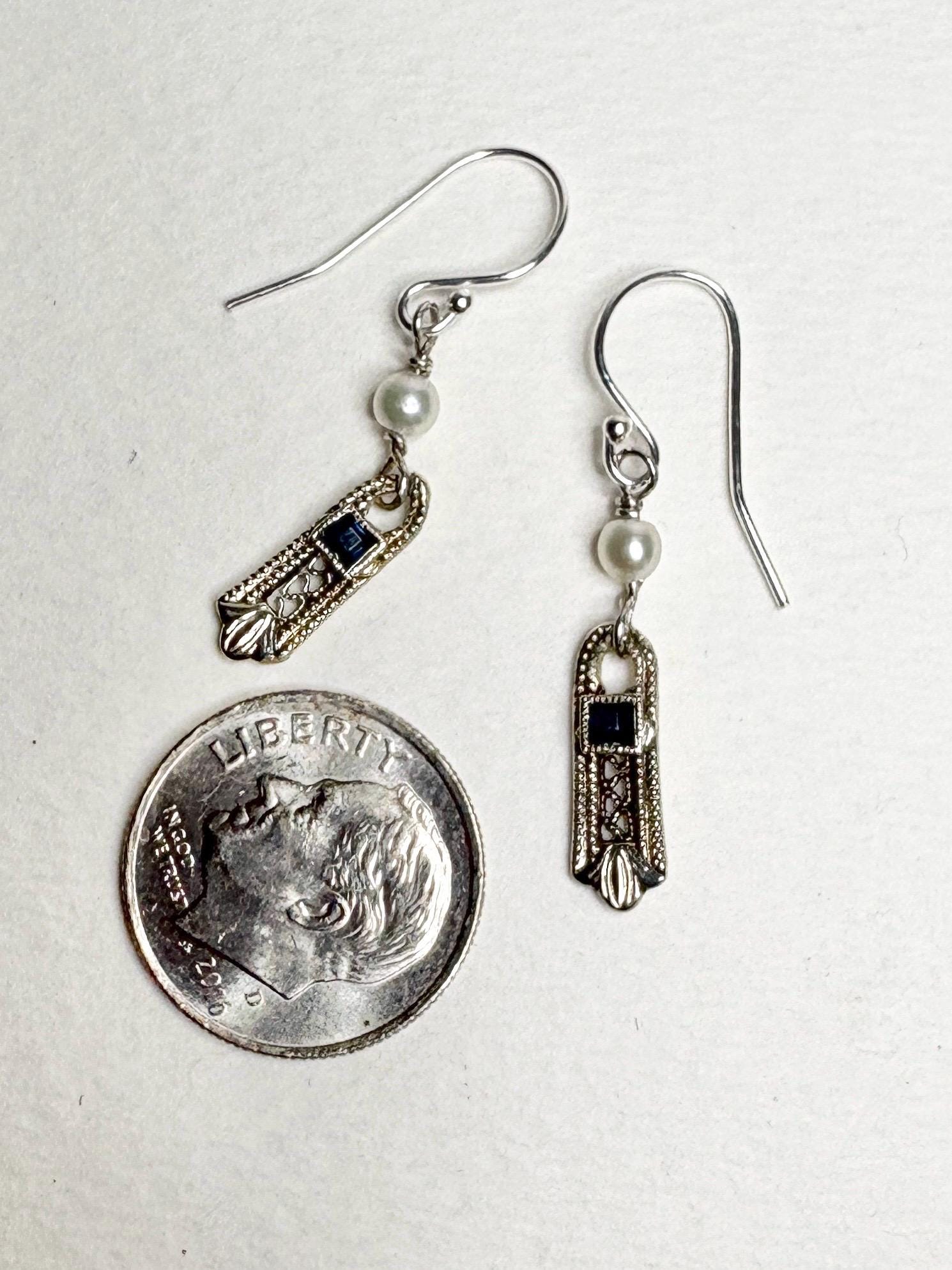 Antique Dangle Drop Earrings Blue Stone and Akoya Pearls in Solid 10k Gold with Sterling Silver - NewLifeJewelryVault