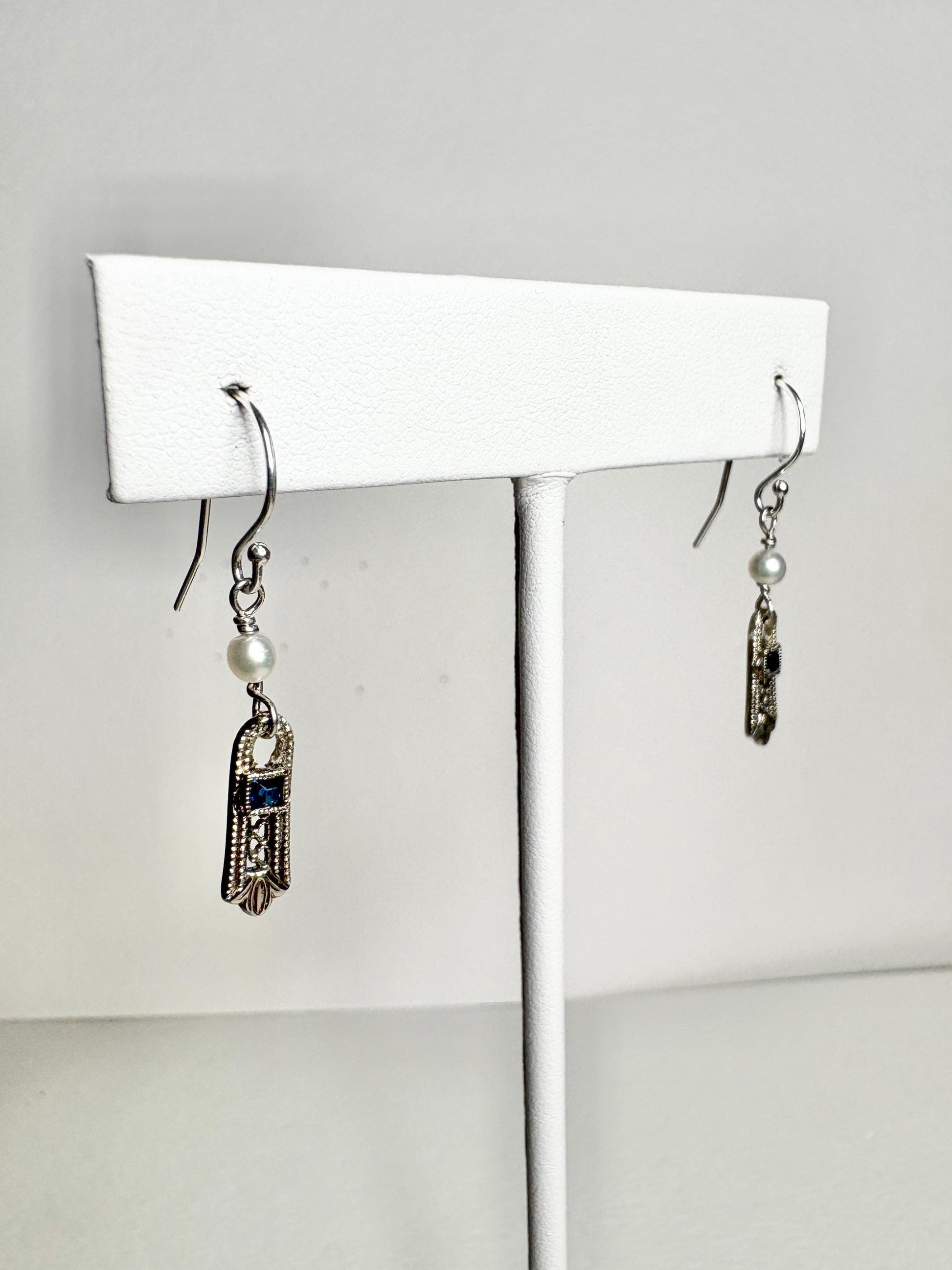 Antique Dangle Drop Earrings Blue Stone and Akoya Pearls in Solid 10k Gold with Sterling Silver - NewLifeJewelryVault