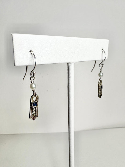 Antique Dangle Drop Earrings Blue Stone and Akoya Pearls in Solid 10k Gold with Sterling Silver - NewLifeJewelryVault