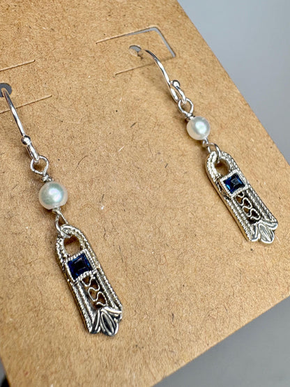 Antique Dangle Drop Earrings Blue Stone and Akoya Pearls in Solid 10k Gold with Sterling Silver - NewLifeJewelryVault
