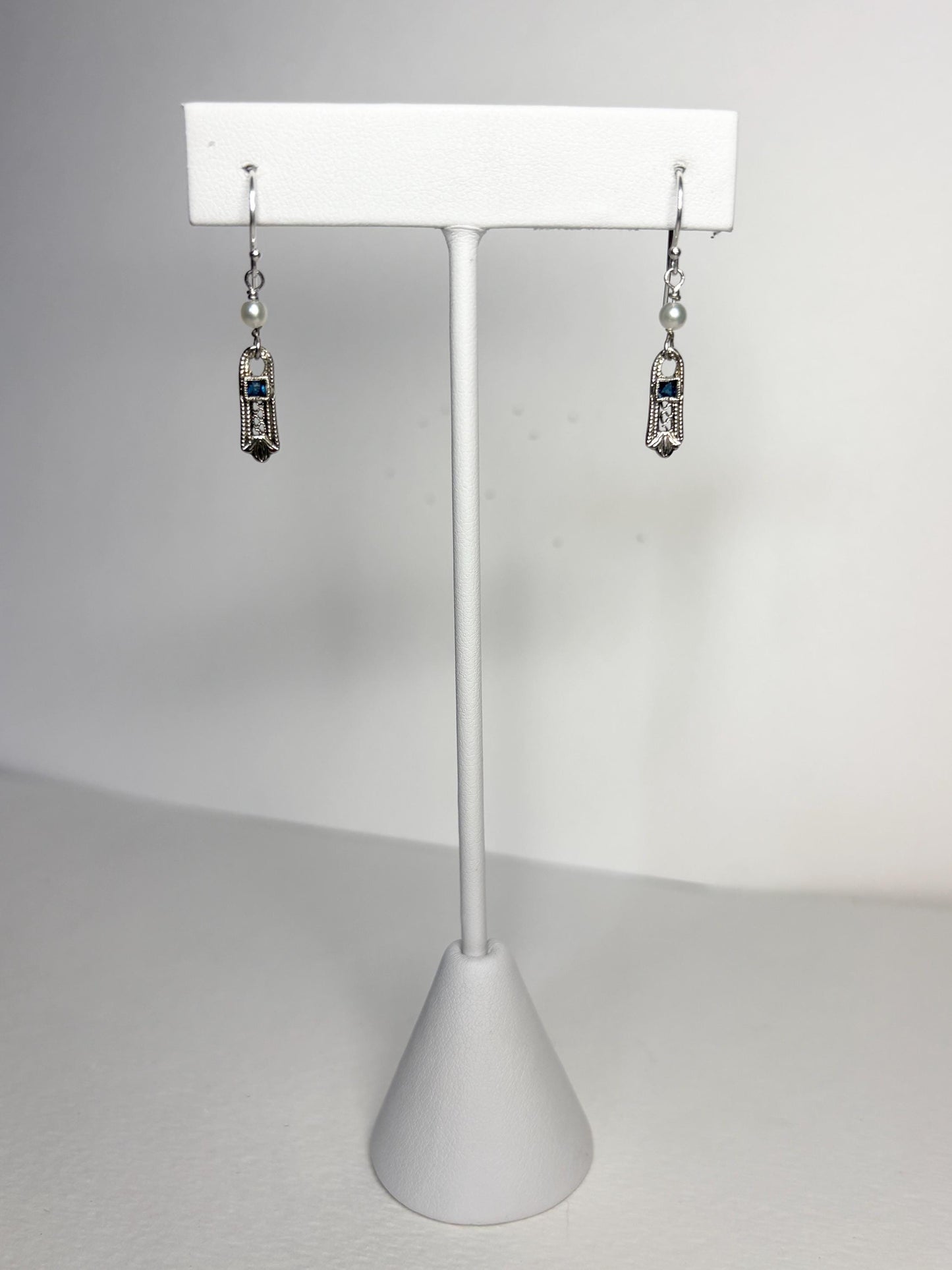 Antique Dangle Drop Earrings Blue Stone and Akoya Pearls in Solid 10k Gold with Sterling Silver - NewLifeJewelryVault