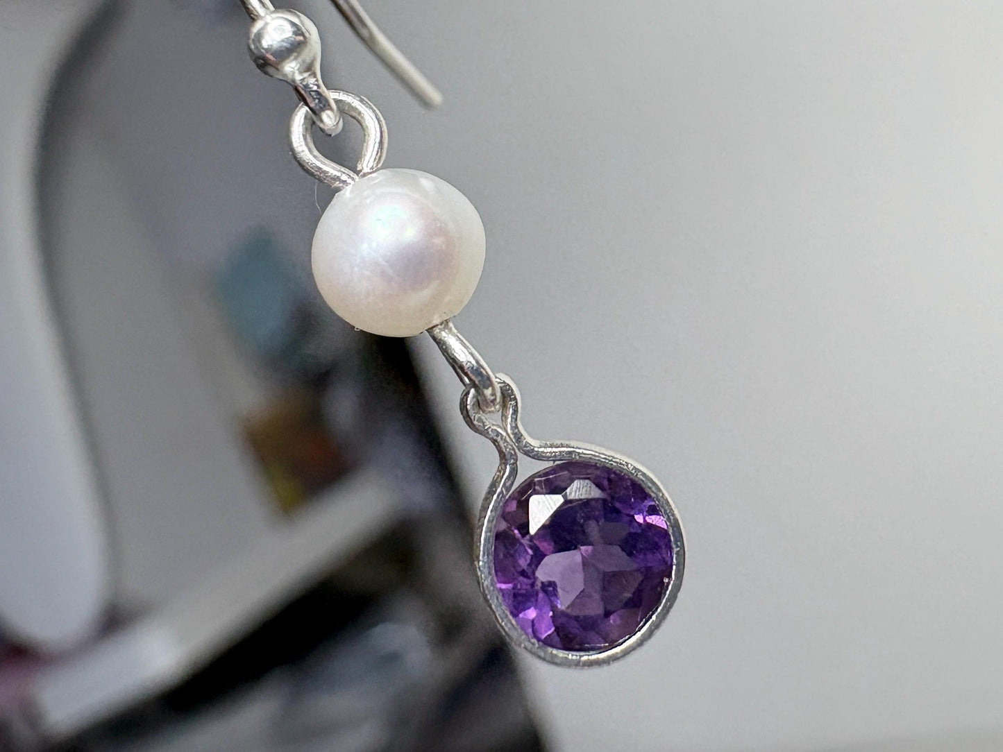 Amethyst and Freshwater Pearl Dangle Drop Earrings Sterling Silver - NewLifeJewelryVault