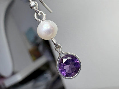Amethyst and Freshwater Pearl Dangle Drop Earrings Sterling Silver - NewLifeJewelryVault