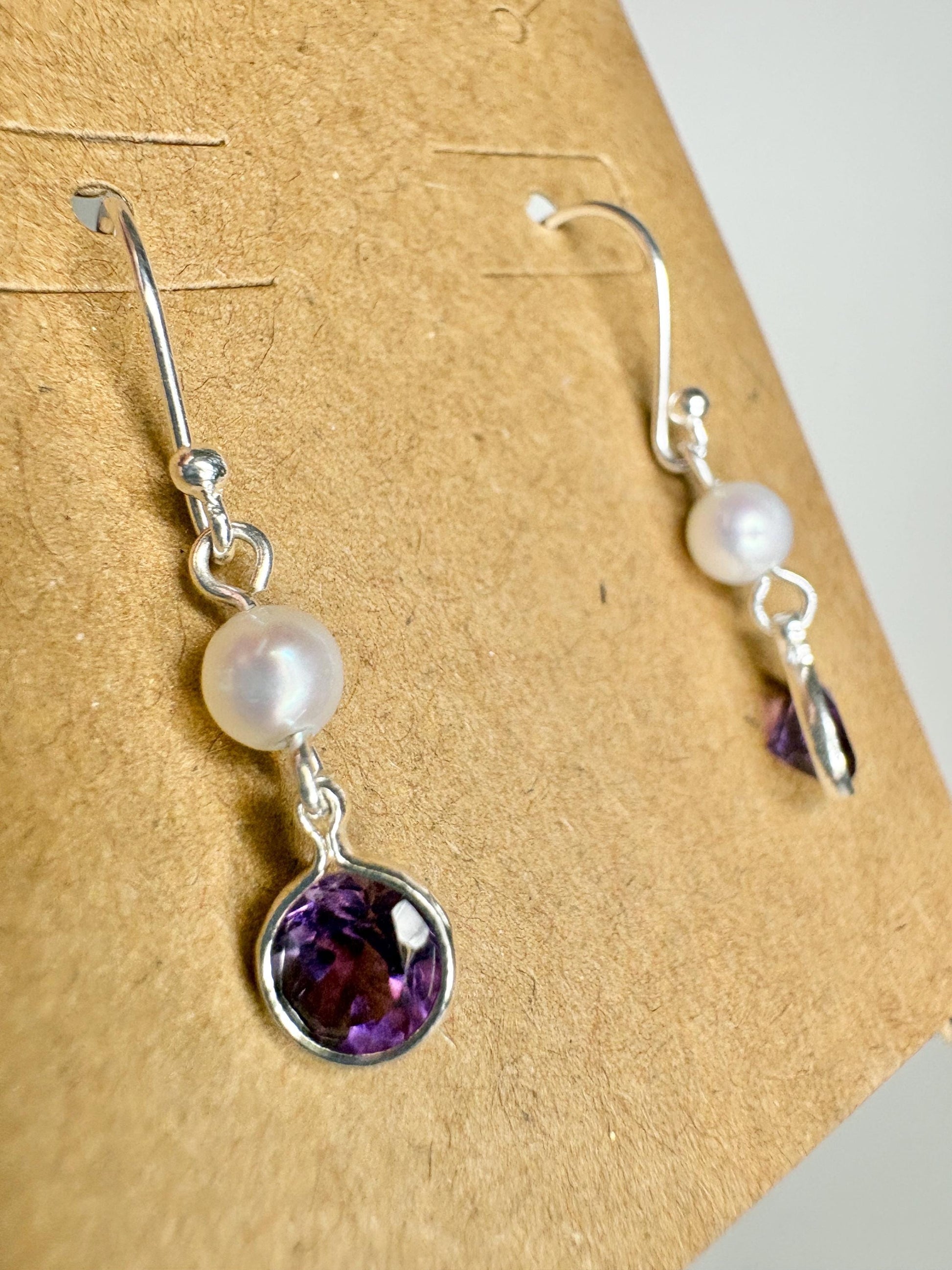 Amethyst and Freshwater Pearl Dangle Drop Earrings Sterling Silver - NewLifeJewelryVault