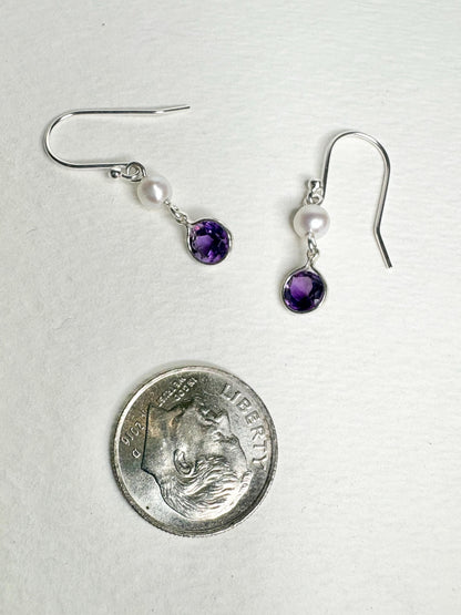 Amethyst and Freshwater Pearl Dangle Drop Earrings Sterling Silver - NewLifeJewelryVault